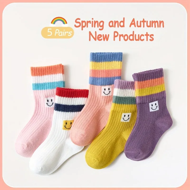 5 Pairs of Children'S Socks, Colorful Stripes, Breathable And Comfortable Socks, Autumn And Winter New Mid-Tube Socks, Children'S Socks, Boys And Girls Floor Socks, Sports Socks