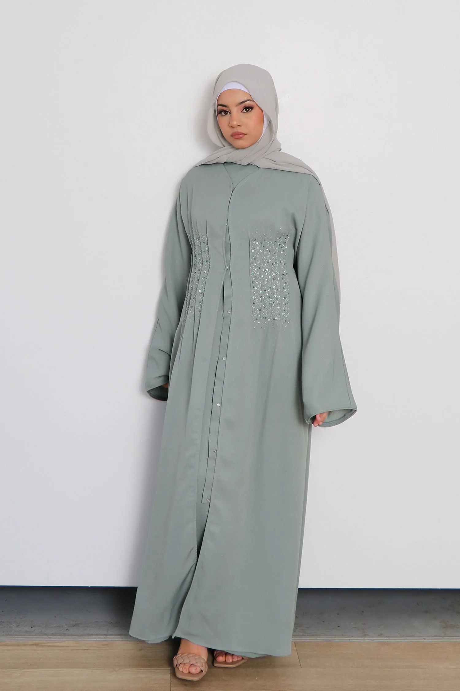 Aaira Textured Beaded Open Abaya- Mint