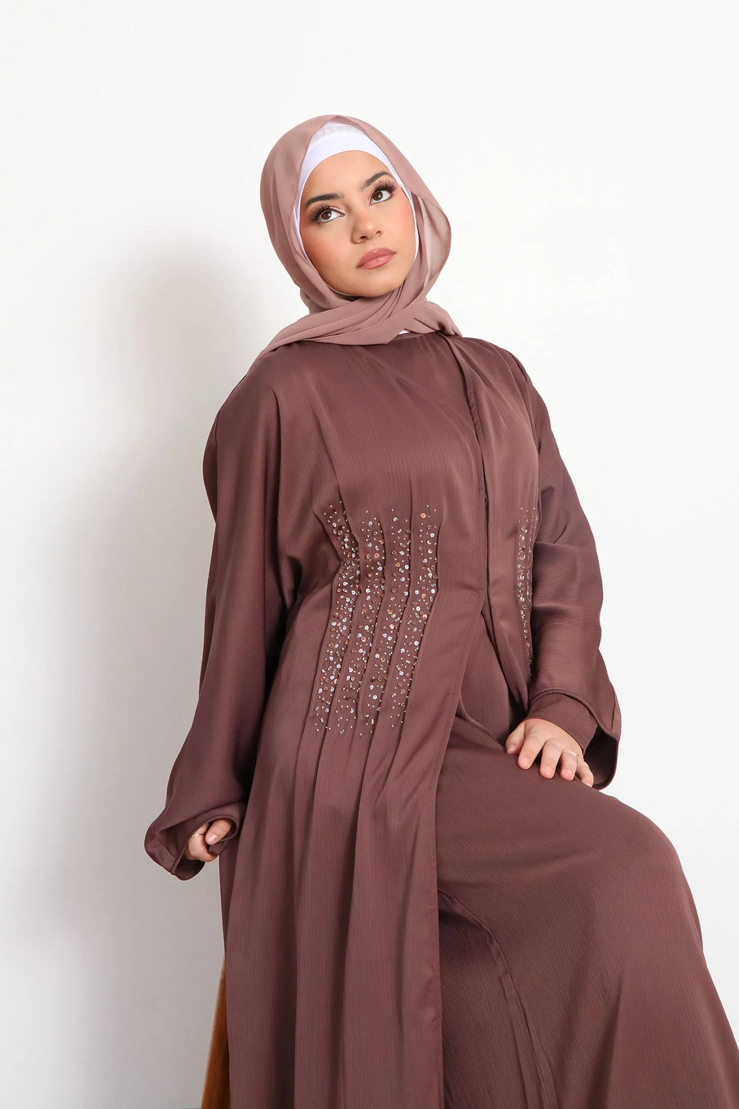 Aaira Textured Beaded Open Abaya- Mocha