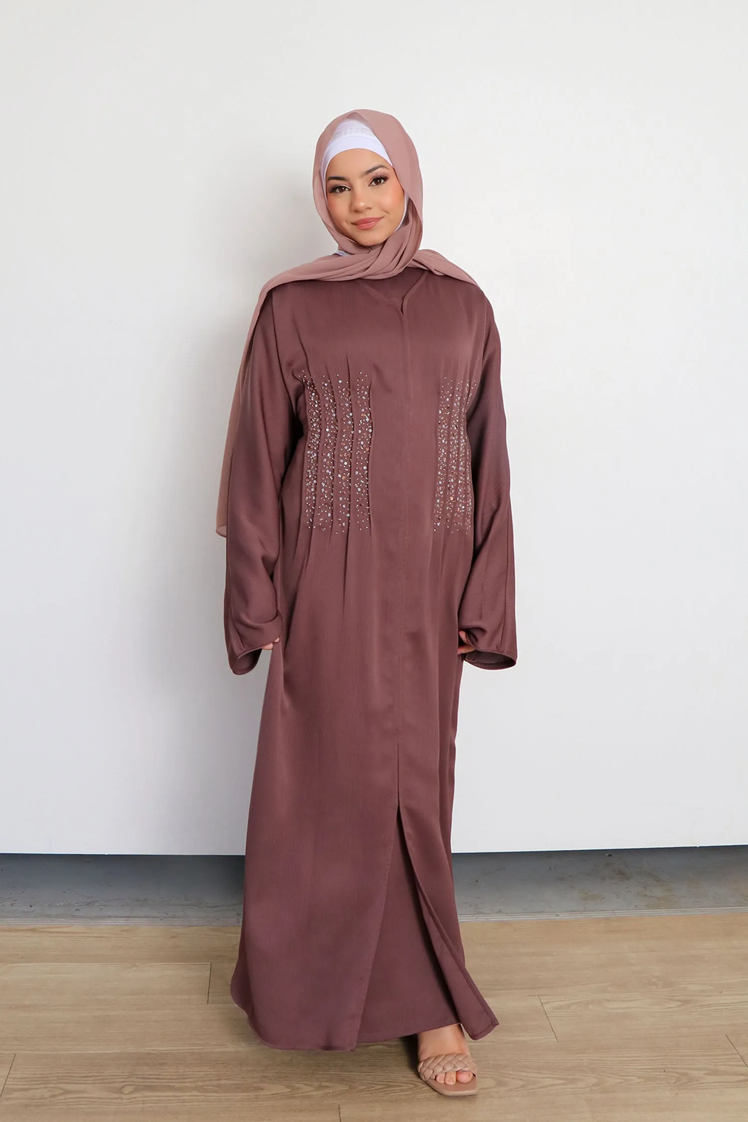 Aaira Textured Beaded Open Abaya- Mocha