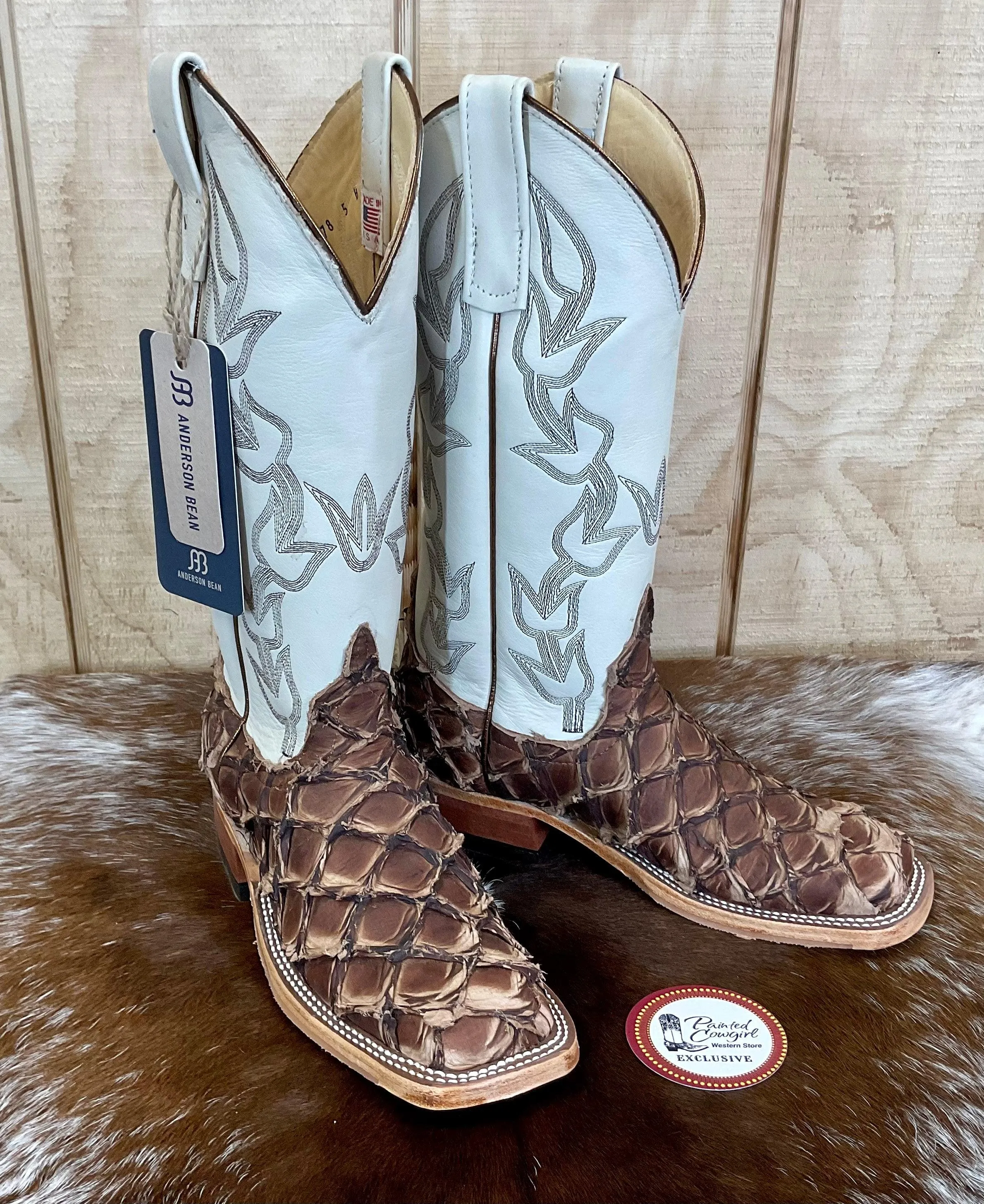 Anderson Bean Women's Brown Big Bass (Arapaima) & Bone Deerskin Cowgirl Boots 333578