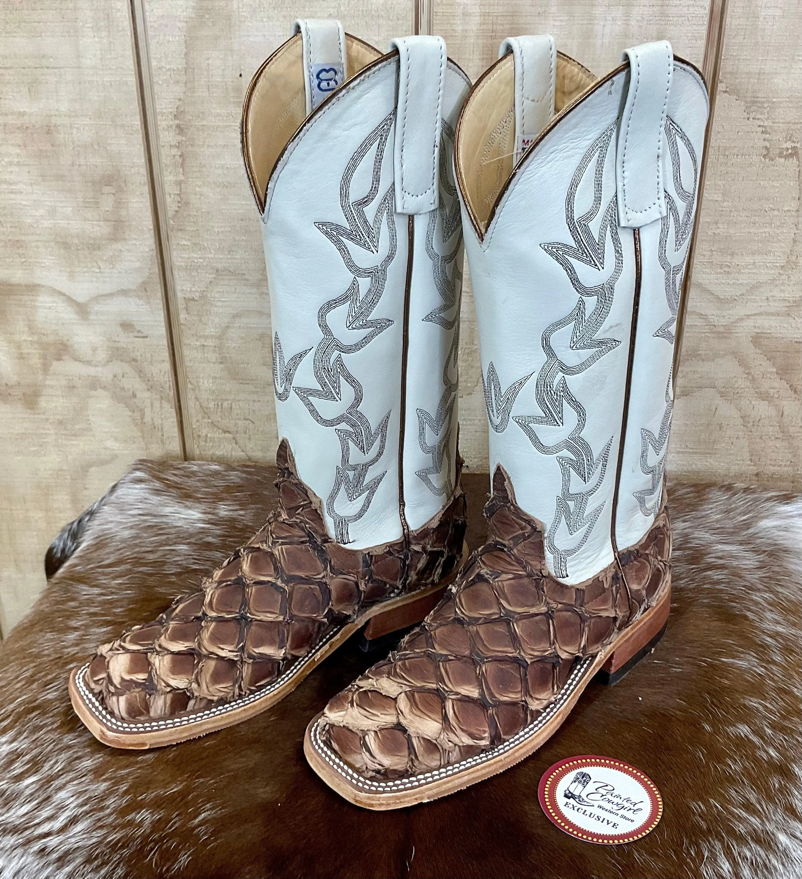 Anderson Bean Women's Brown Big Bass (Arapaima) & Bone Deerskin Cowgirl Boots 333578