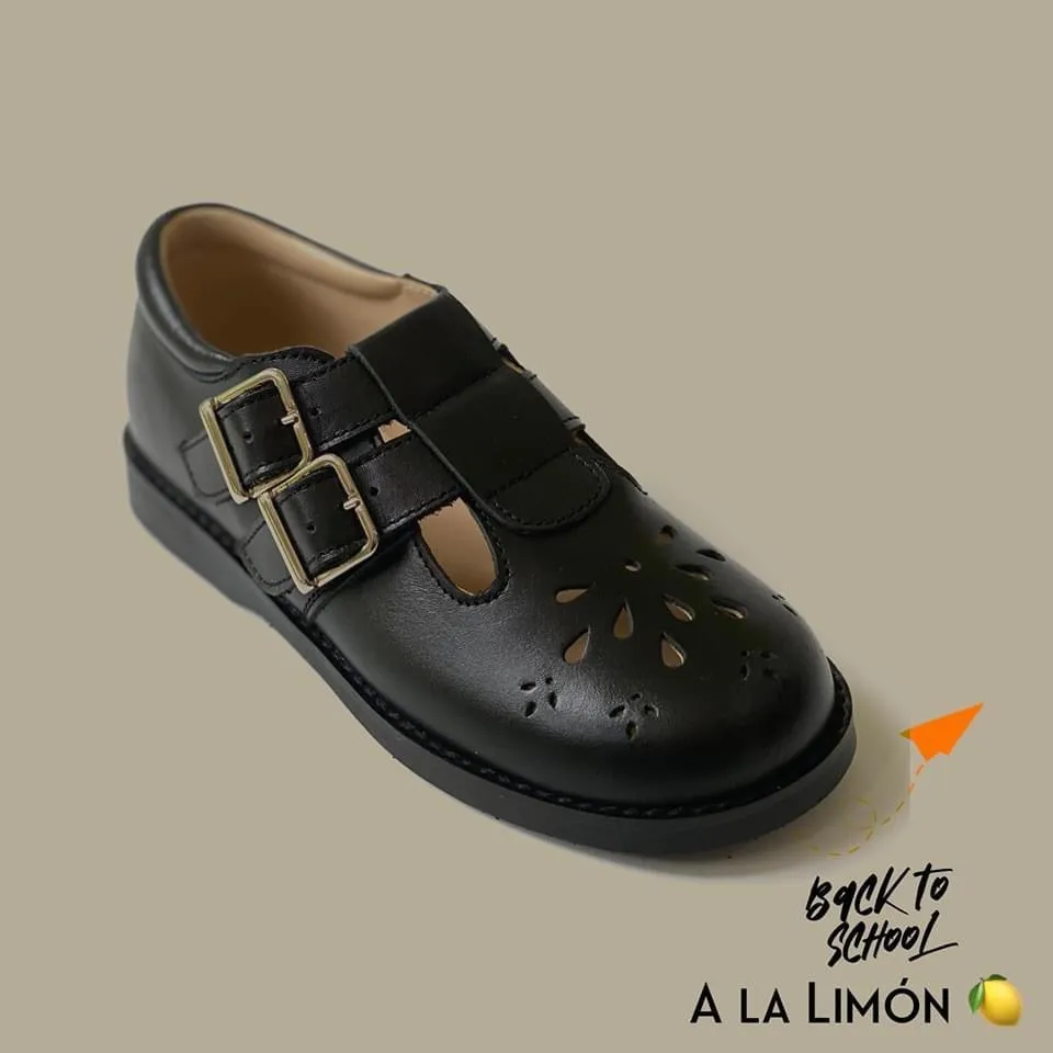 Black double straps with buckle school shoe(10)