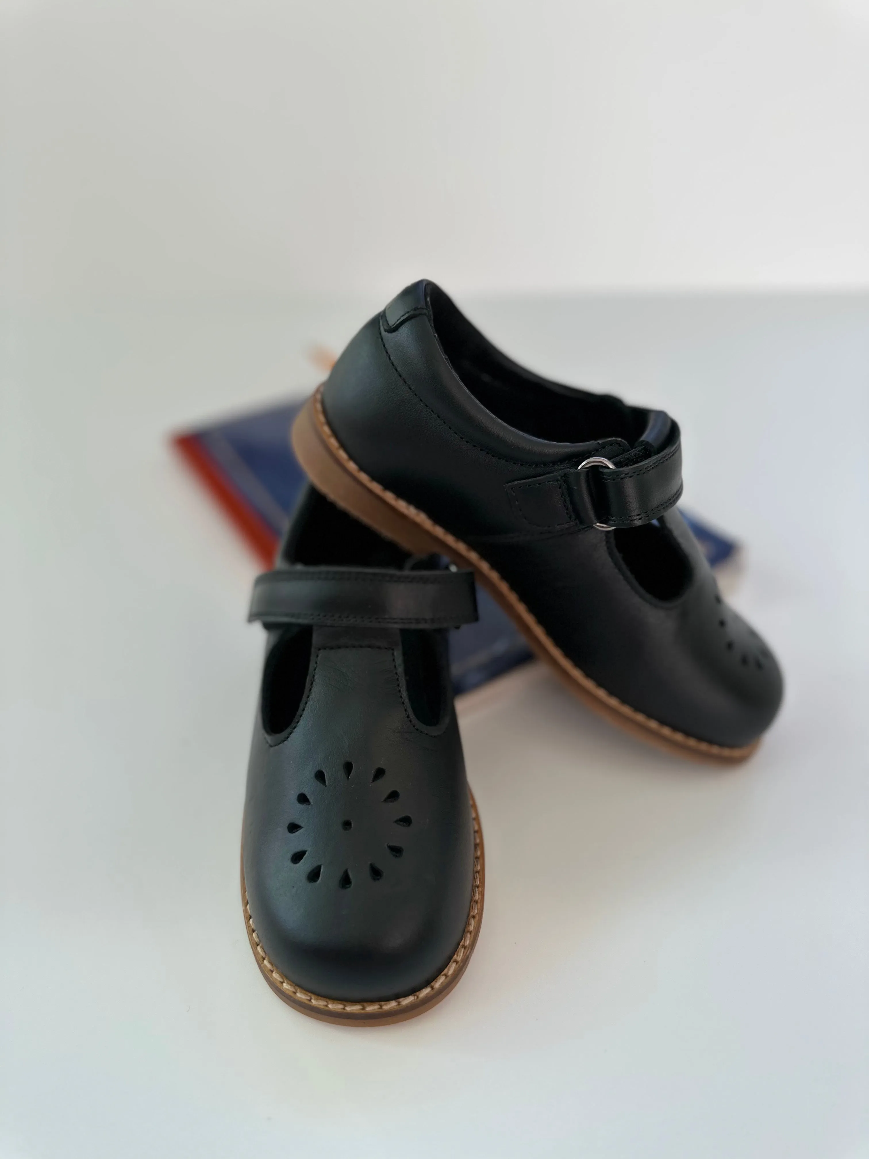 Black t-strap school shoe with caramel sole (5)