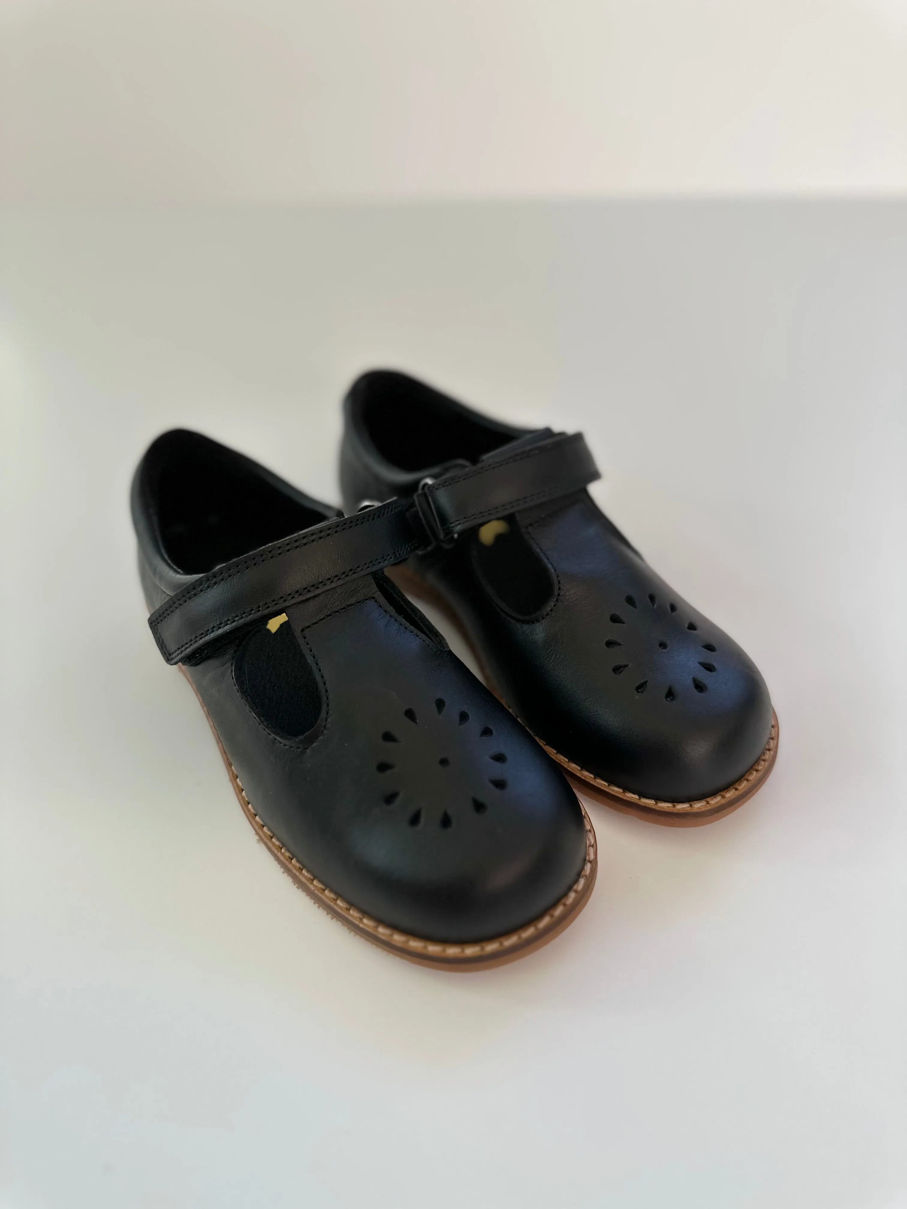 Black t-strap school shoe with caramel sole (5)