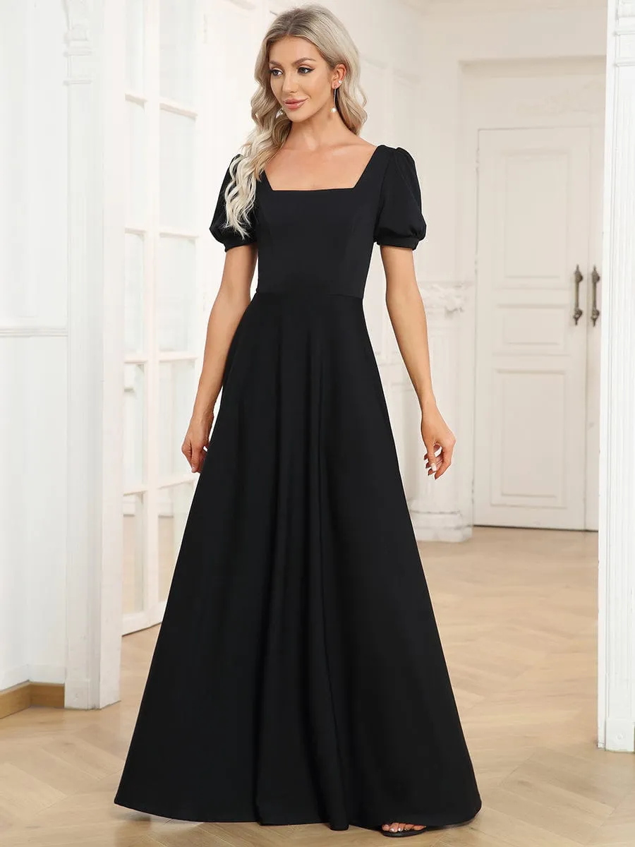 Caged Back Short Sleeve Square Neck A-Line Evening Dress