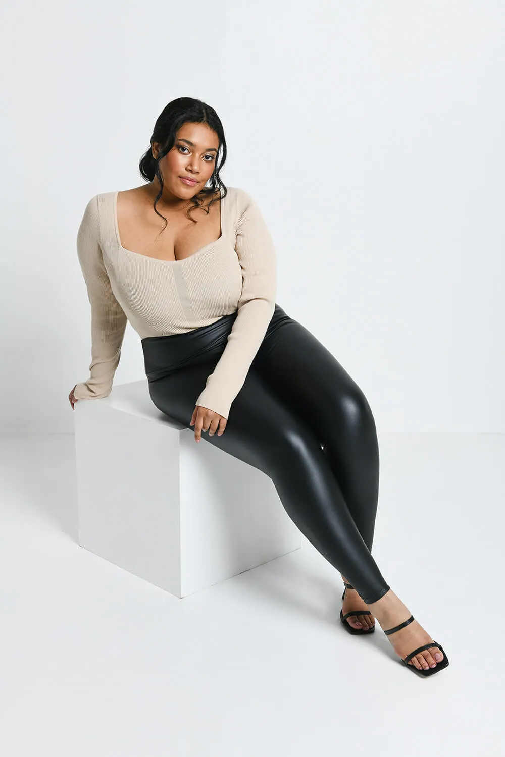 Curve Leather Look High Waisted Leggings - Black