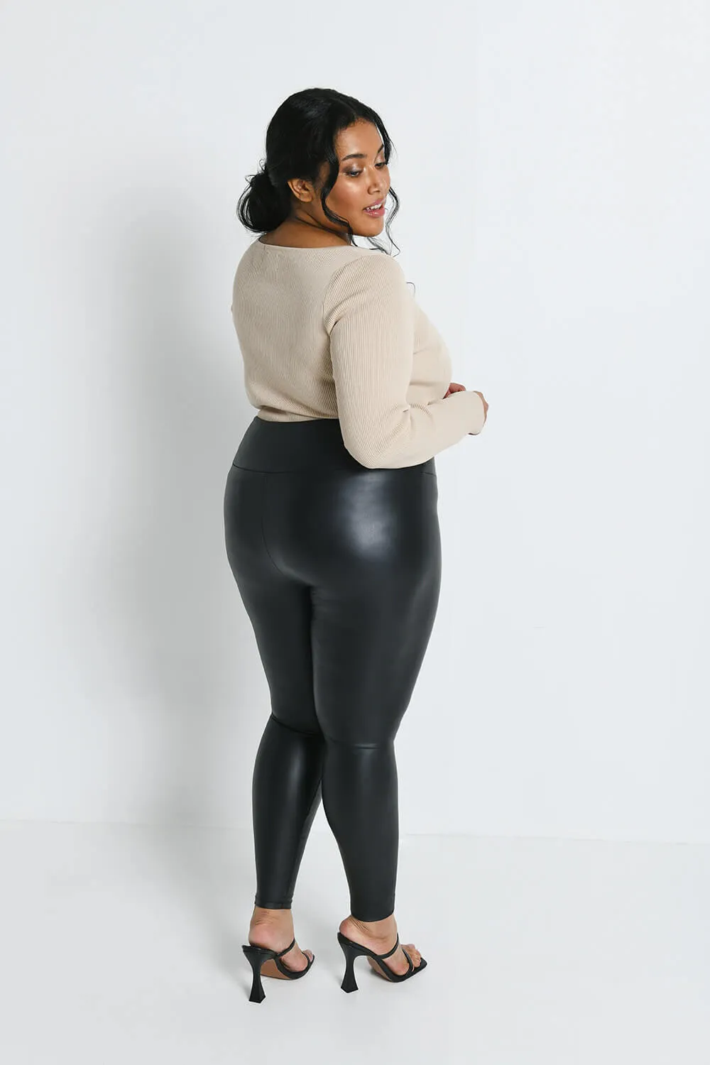 Curve Leather Look High Waisted Leggings - Black