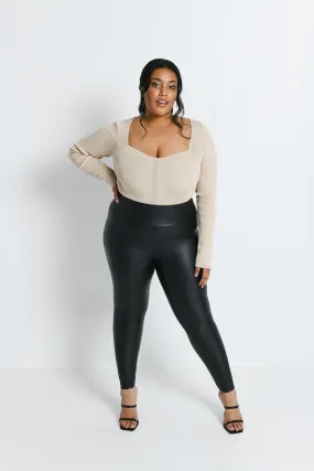 Curve Leather Look High Waisted Leggings - Black