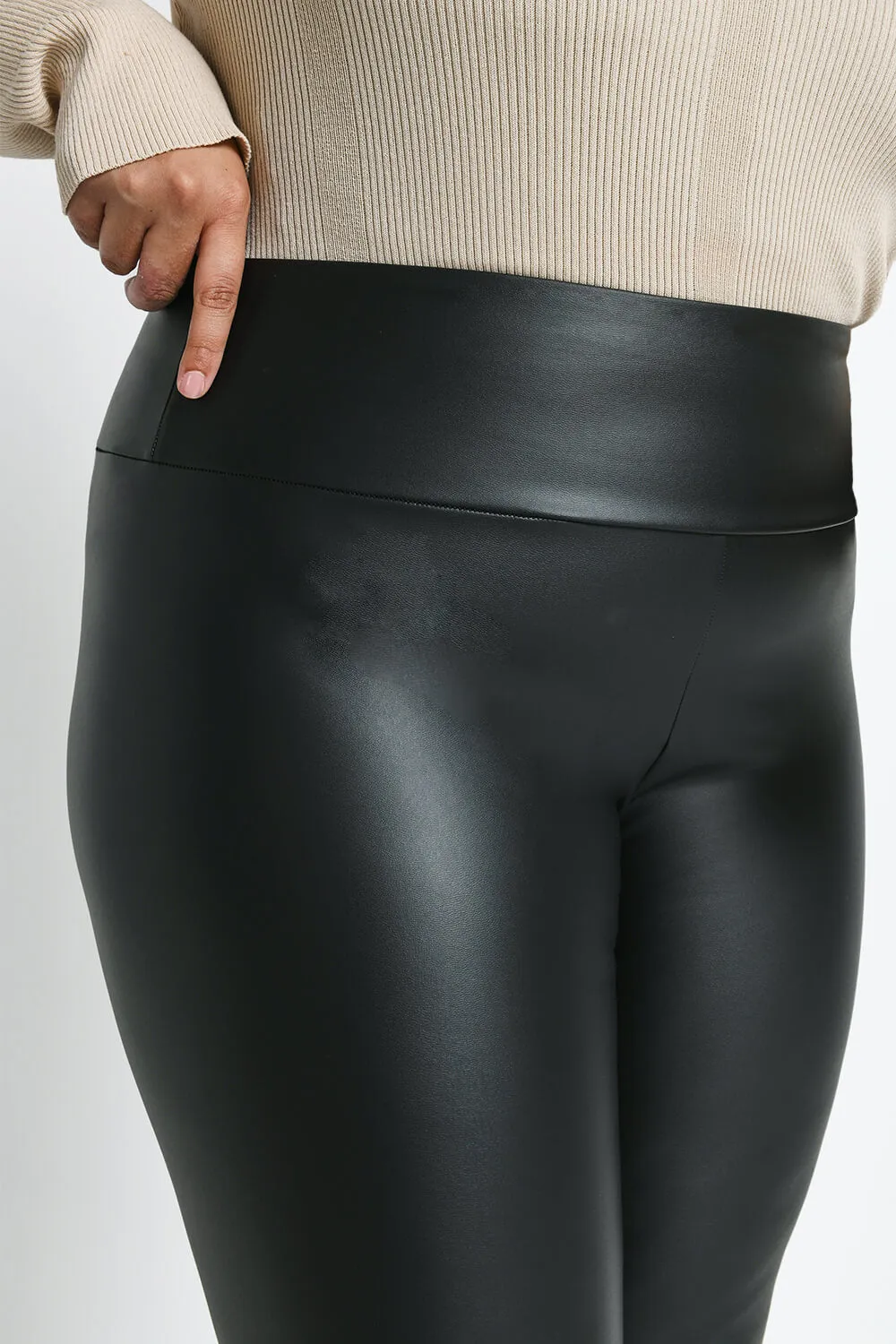 Curve Leather Look High Waisted Leggings - Black