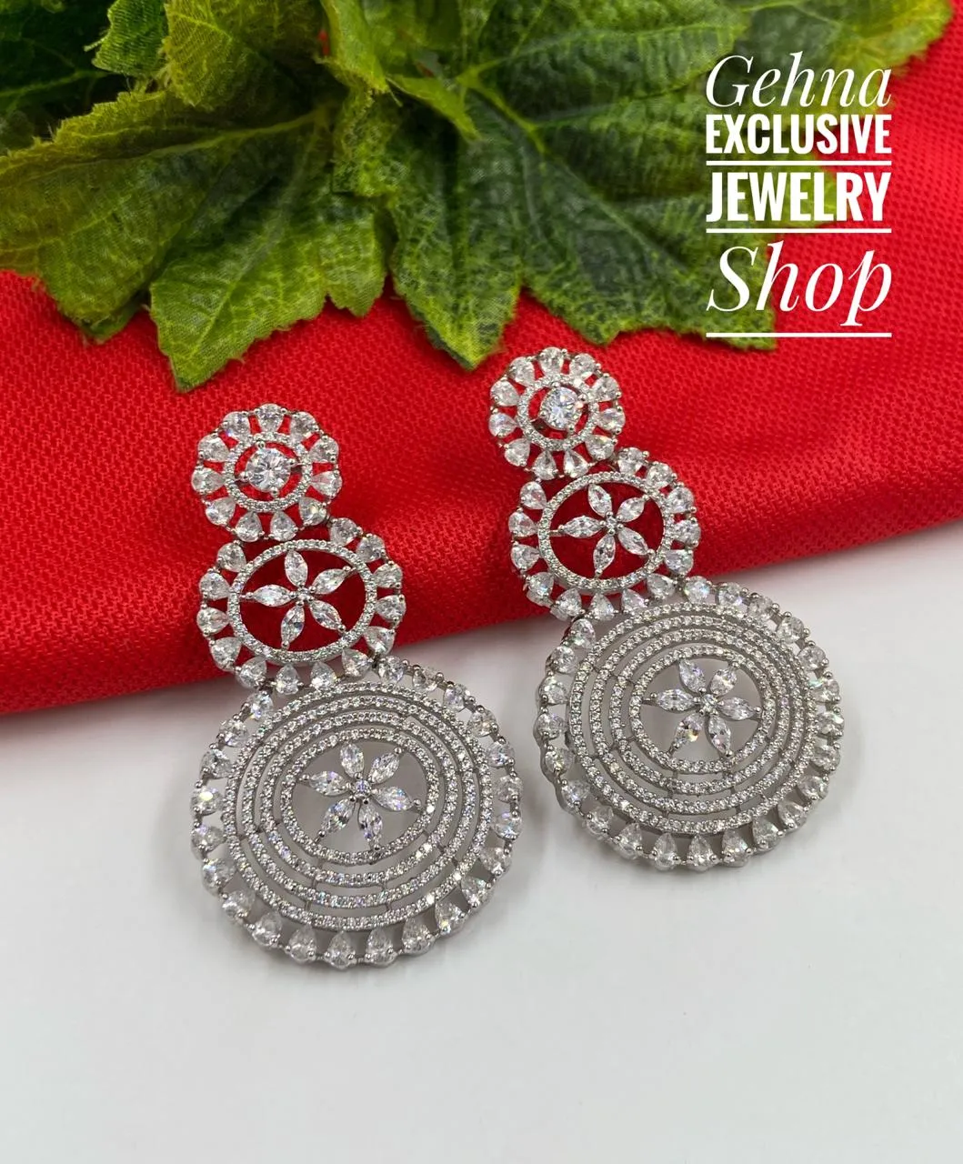 Designer Silver Toned Long Wedding Zircon Danglers Earrings for Woman