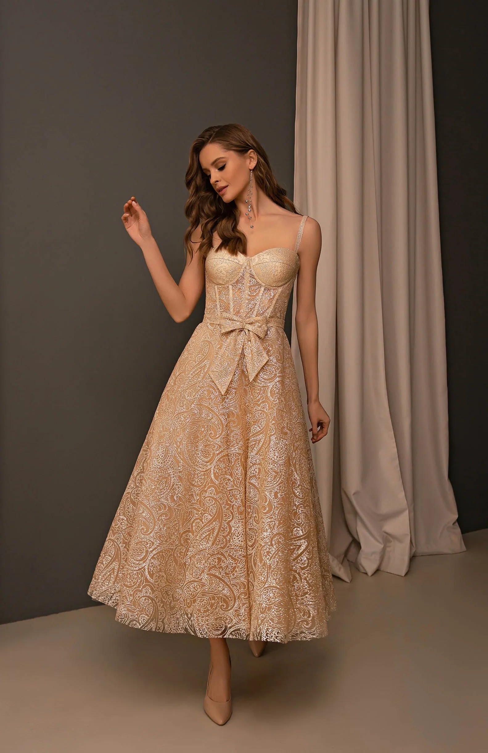 Golden Lace Formal Midi Dress with Bow