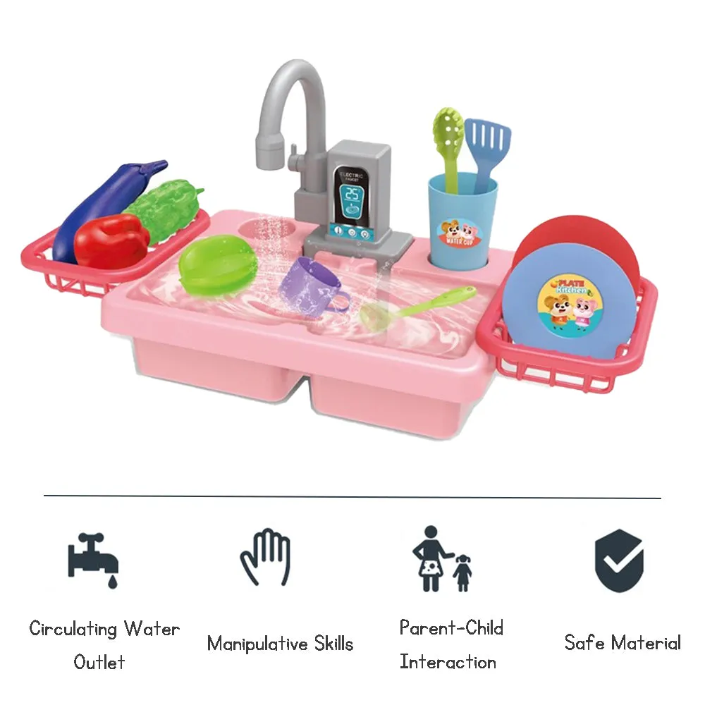 Kids Dishwasher Toy Set with Electric Faucet Pretend Play Washing Vegetables Dishes Ideal Gift for Pretend Play