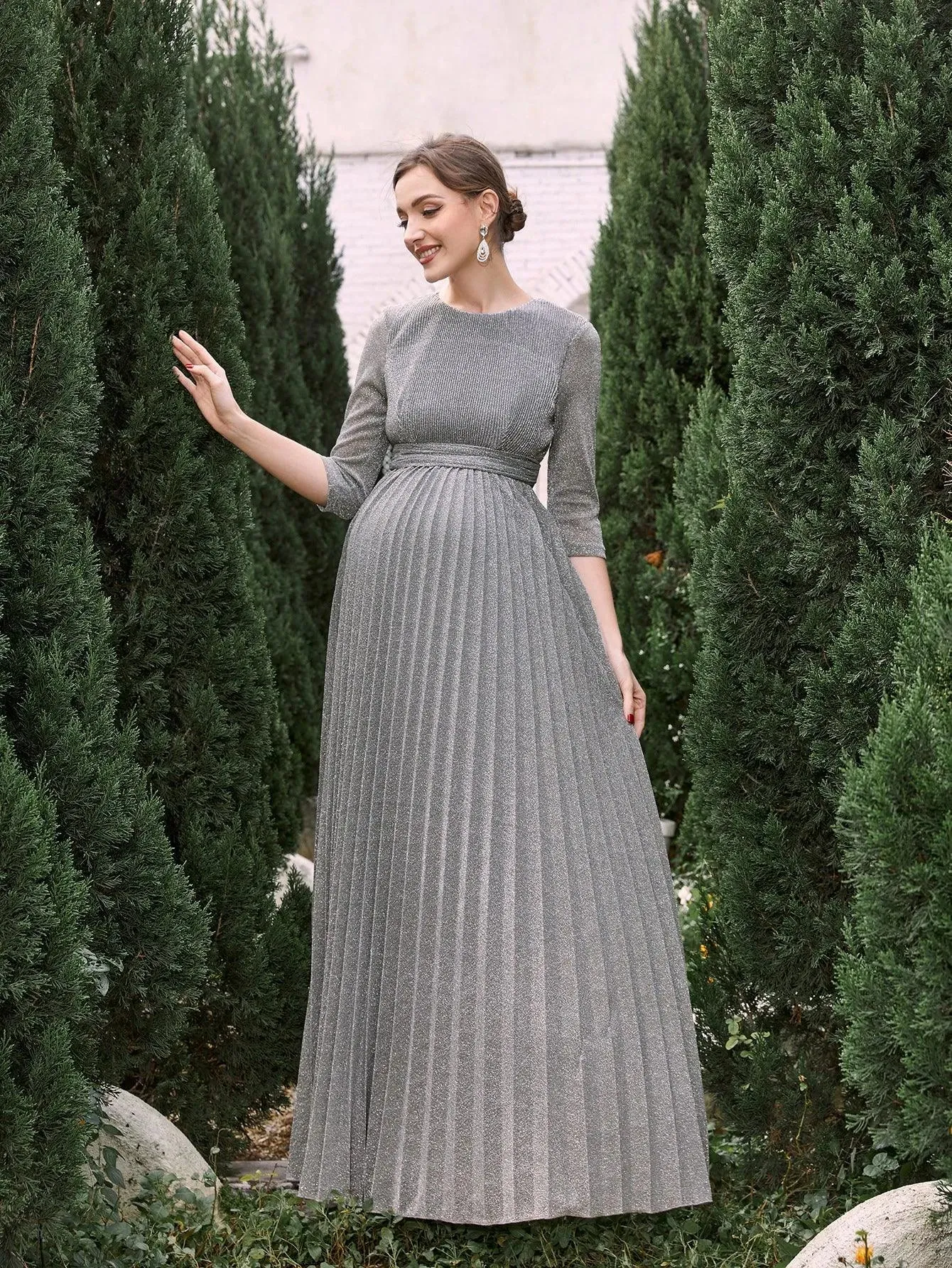 Maternity Glitter 3/4 Sleeves Pleated A Line Dress