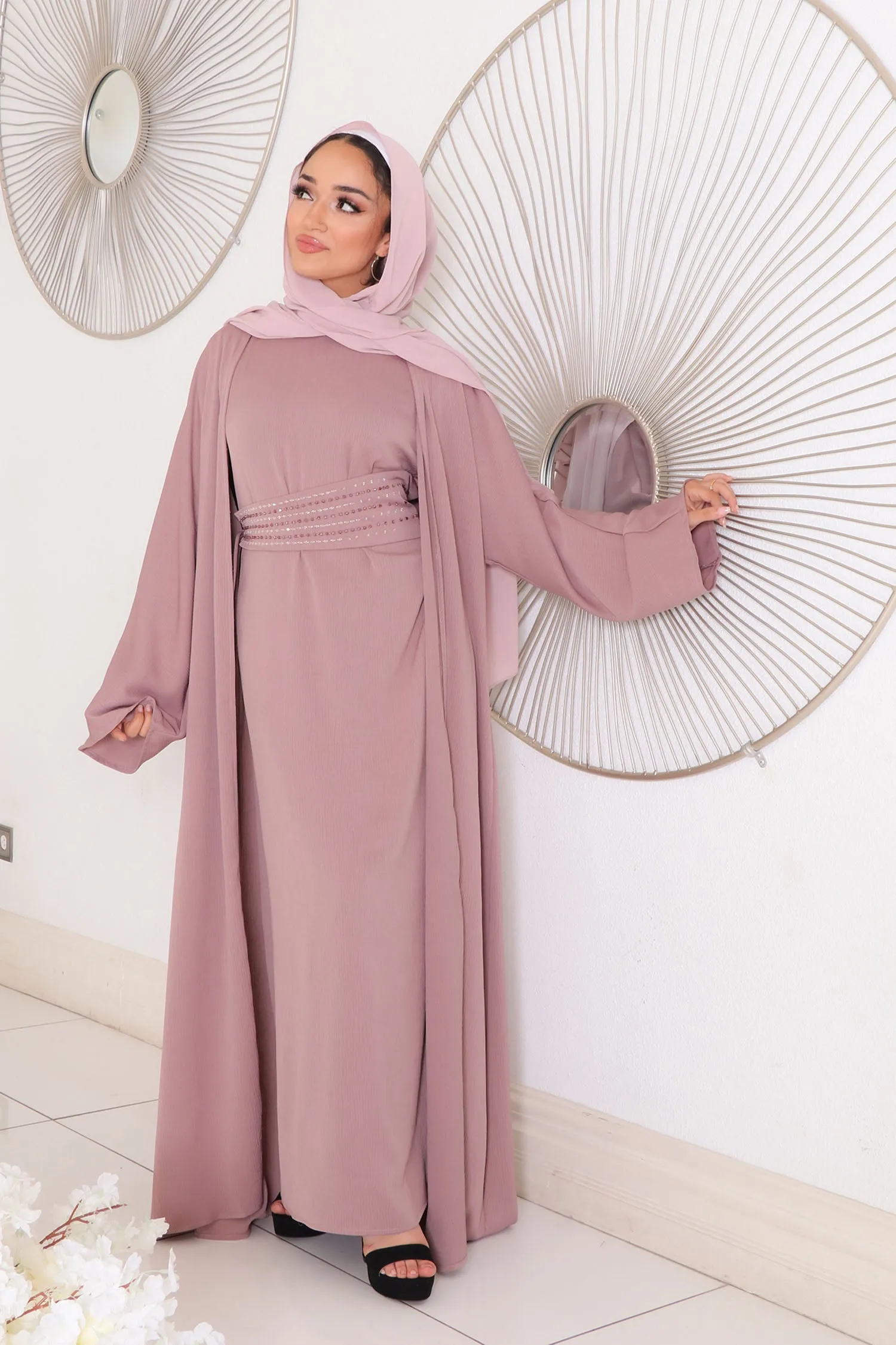 Nia Textured Corset Abaya Set- Rose Pink