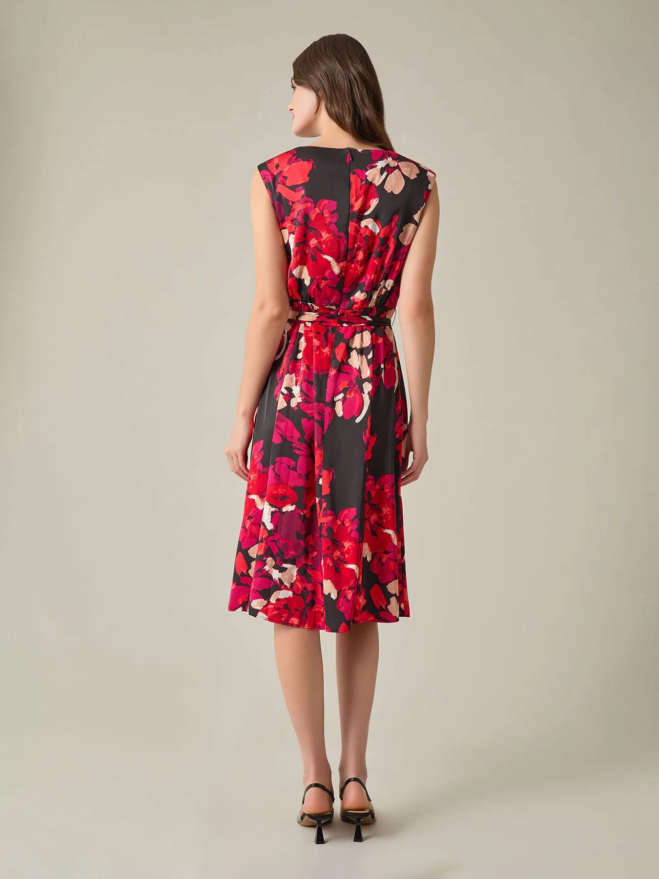 Plus Cowl Neck Fit-and-Flare Dress, Floral Satin