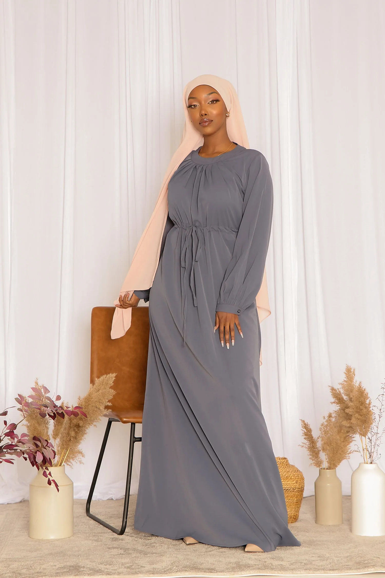 Sophia Soft Pleat Dress- Blue Gray